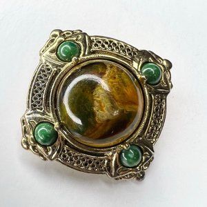 Pin Gold Tone Green Amber Tone Square Round